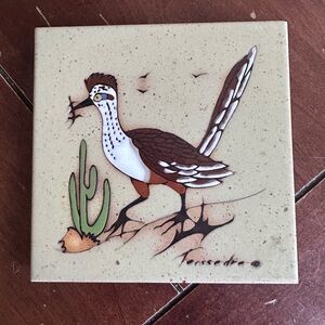 Vintage Cleo Teissedre Roadrunner and Cactus Tile